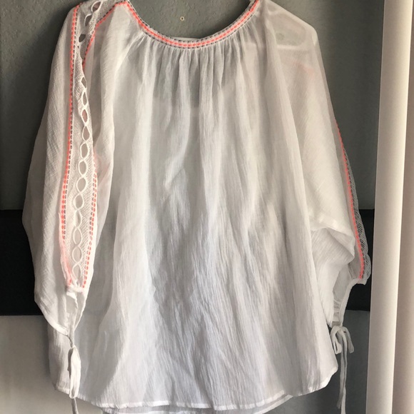 FAB’RIK White Gauzy Boho Top with Orange Accents - Picture 2 of 6